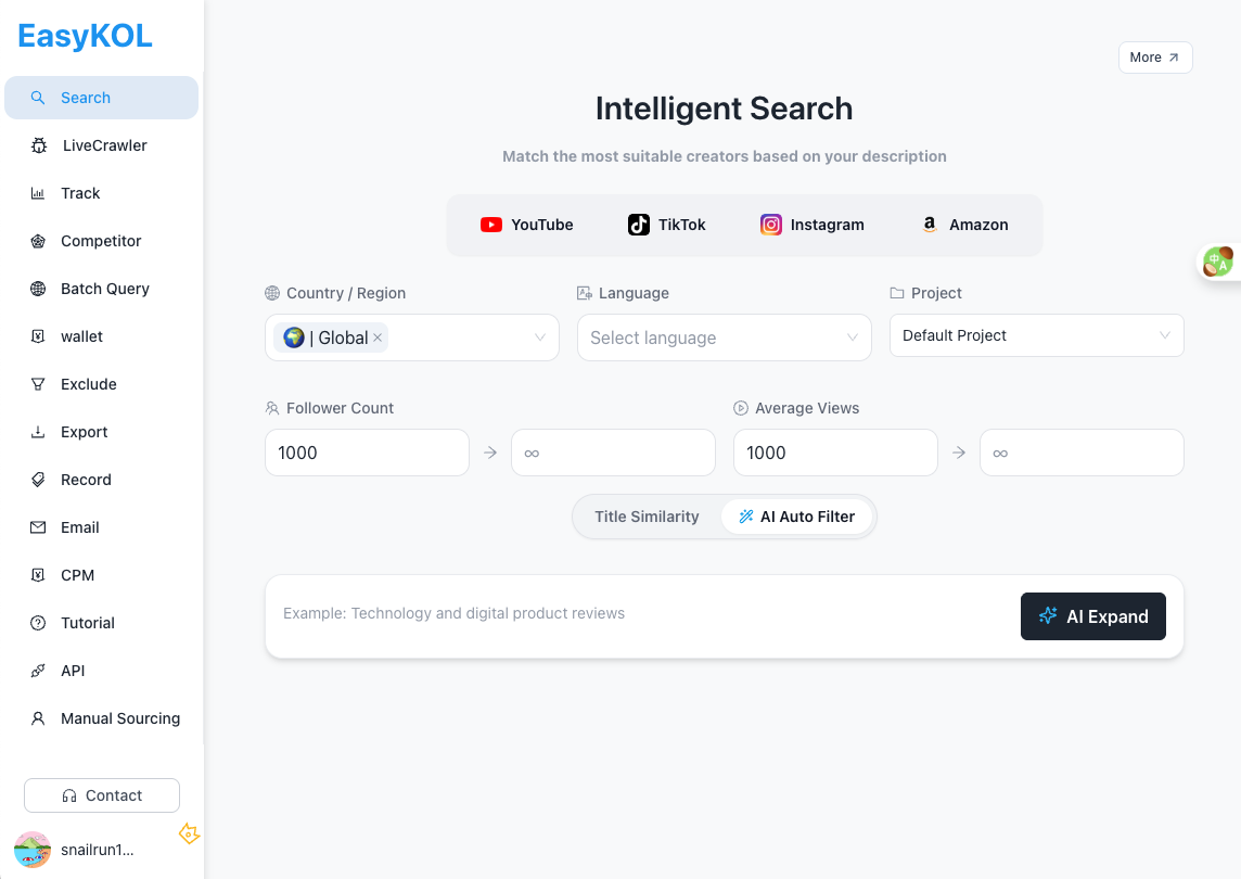 EasyKOL AI-powered influencer search tool with filters for YouTube, TikTok, Instagram and Amazon creators