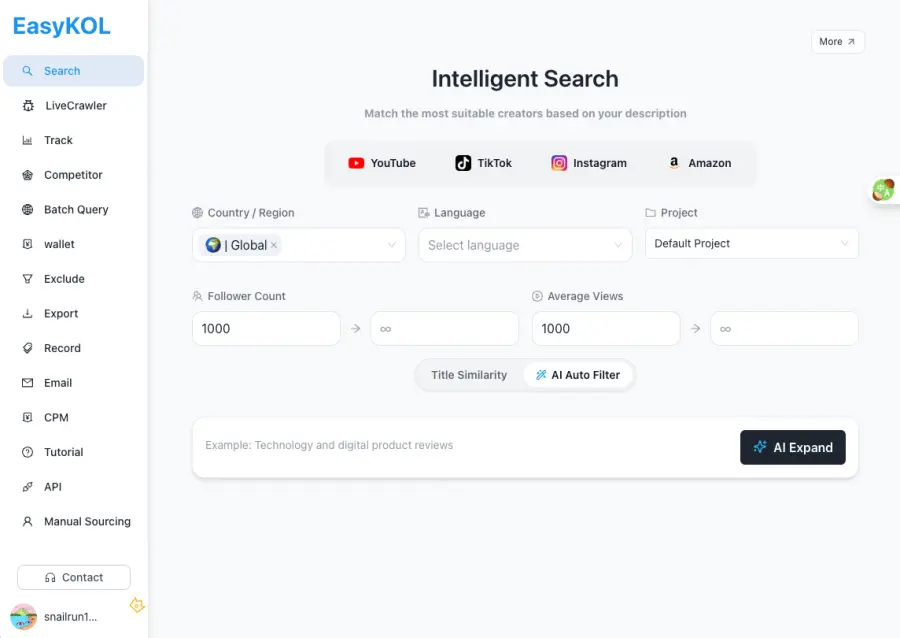 EasyKOL AI 红人搜索工具，支持 YouTube、TikTok、Instagram、Amazon 多平台创作者筛选