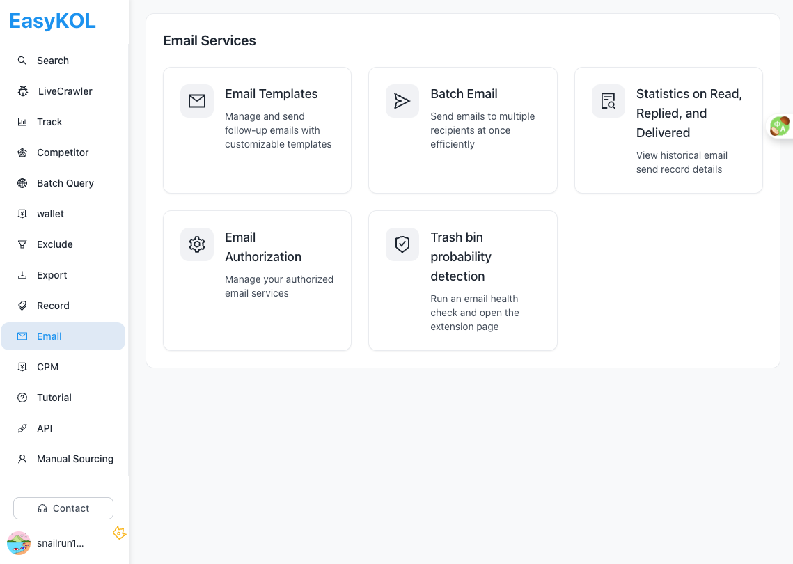 Influencer outreach email tool with templates, batch sending, and read/reply tracking