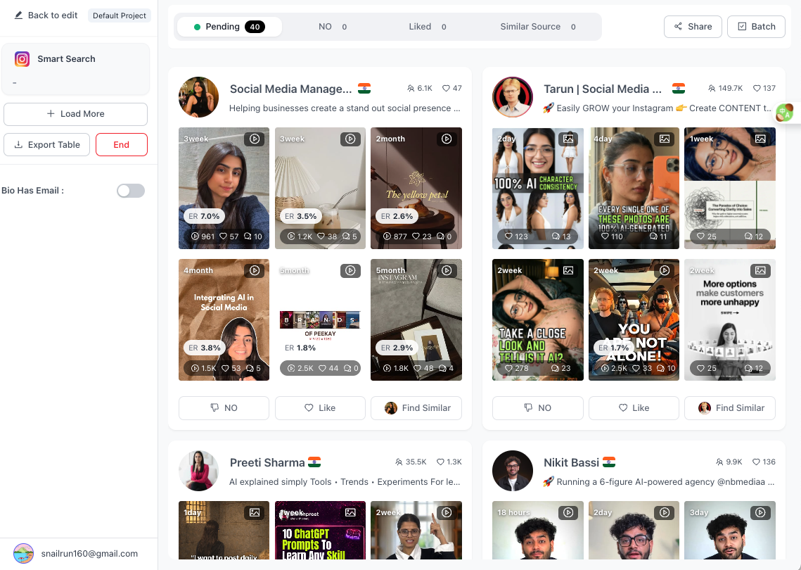 Fast influencer discovery platform showing creator search results with engagement metrics