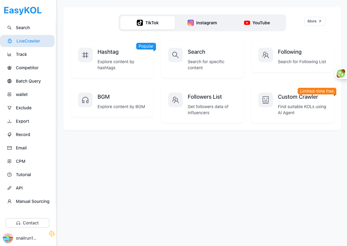 Find similar influencers and lookalike creators using EasyKOL's cover match discovery tool